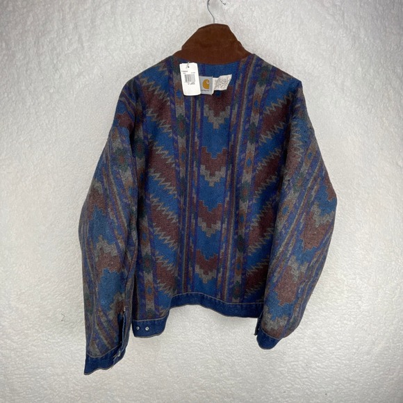 VTG Carhartt Trucker Jacket Aztec Blanket Lined Mens XL PJB008‎ Steel Blue NWT - Picture 5 of 16